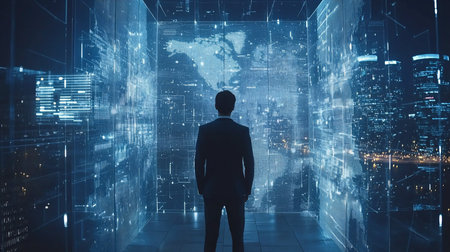A businessman stands before a holographic world map in a futuristic data center, illuminated by blue digital light, contemplating global strategy and technological advancements.の素材