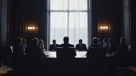 A dimly lit boardroom scene with silhouetted figures around a large table, bathed in light from a window. The atmosphere is serious, suggesting a high-stakes meeting.の素材