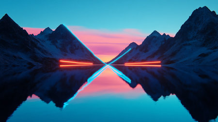A surreal landscape featuring mountains with neon outlines reflecting in a calm lake at dusk, creating a futuristic and serene scene with vibrant colors.の素材