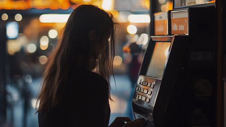 A woman stands at an ATM at night, her silhouette framed by bokeh lights. She is using the machine, her hands visible as she interacts with the keypad.の素材