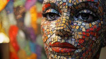 A close-up of a mosaic sculpture of a woman's face, featuring intricate tile work in vibrant colors. The artwork showcases detailed eyes and glossy red lips, set against a blurred background.の素材