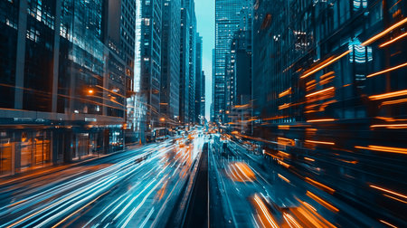 Long exposure shot of Chicago's urban landscape, capturing the vibrant motion of city traffic at night. Streaks of light paint the scene with energy and speed.の素材