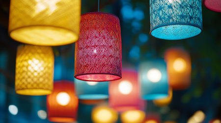 A captivating display of colorful lanterns, each with unique patterns, hangs suspended, casting a warm, inviting glow against a blurred, dark background. The scene evokes a festive, magical ambiance.の素材