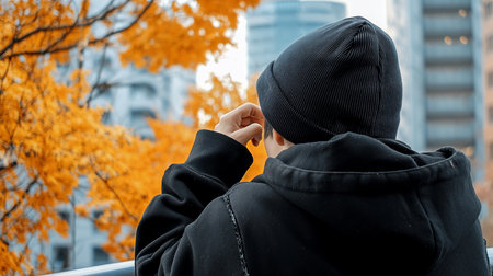 A man in a black beanie and hoodie stands with his back to the viewer, gazing at vibrant orange autumn leaves against a backdrop of modern buildings.の素材