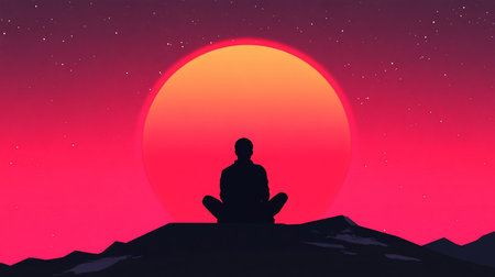 A silhouetted figure sits cross-legged atop a mountain, meditating against a vibrant retro sunset with a starry sky, evoking peace and introspection in a minimalist landscape.の素材