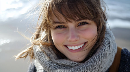 Close-up portrait of a smiling young woman with windswept brown hair and warm brown eyes, wearing a gray scarf, against a blurred outdoor background.の素材