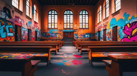 Abandoned church interior with graffiti-covered walls, wooden pews, and arched windows. The space blends decay with vibrant street art, creating a unique and striking visual contrast.の素材
