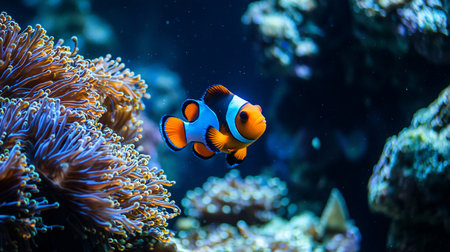A vibrant clownfish swims near a sea anemone in a reef aquarium, showcasing its orange, white, and black stripes against a deep blue backdrop with coral formations.の素材
