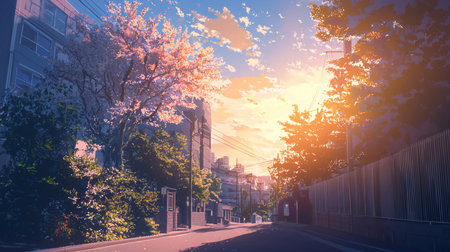 A tranquil anime-style cityscape featuring blooming cherry blossoms, bathed in the warm glow of a golden sunset, creating a peaceful and nostalgic atmosphere on a quiet street.の素材