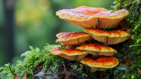 Close-up of vibrant orange mushrooms stacked on a moss-covered log in a forest. The gills are visible, and the background is a soft green, highlighting the fungi.の素材