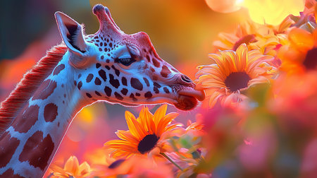 A giraffe delicately sniffs a vibrant sunflower in a field bathed in warm, golden sunlight. The scene evokes a sense of peace and harmony between wildlife and nature.の素材