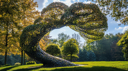 A unique metal tree sculpture with leaves stands in a park, its curved trunk reflecting sunlight. The surrounding trees and blue sky create a serene, artistic scene.の素材