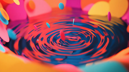 Abstract image featuring colorful discs falling into water, creating ripples. The vivid colors and dynamic composition evoke a sense of motion and depth.の素材