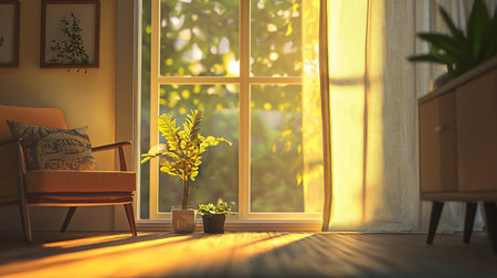 A cozy room bathed in golden sunlight features an armchair with a patterned pillow, potted plants by a window, and sheer curtains, creating a warm, inviting, and peaceful atmosphere.の素材