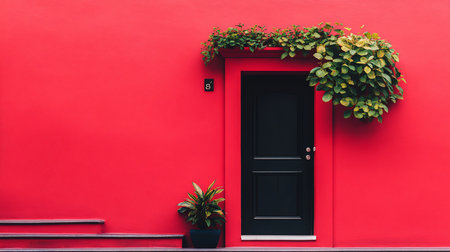 A striking red building facade features a black door adorned with lush greenery. A potted plant and minimalist steps add to the scene's charm and visual balance.の素材