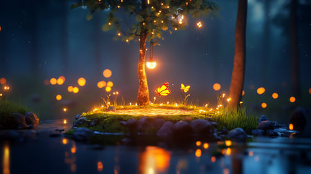 A magical island scene at twilight, featuring a tree adorned with lights, two butterflies, and reflections in the water. The scene evokes a sense of wonder and tranquility.の素材