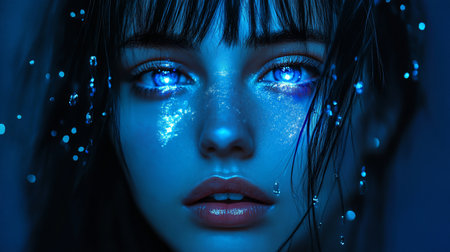 Close-up portrait of a woman with intensely glowing blue eyes and sparkling, tear-like light particles on her face, creating a surreal, dreamy, and ethereal atmosphere.の素材