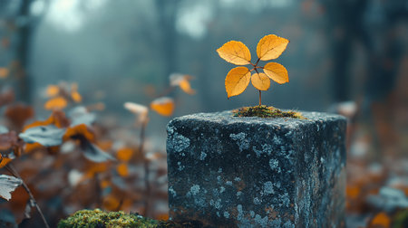 A vibrant yellow sapling emerges from moss atop a weathered stone block, set against a blurred forest backdrop, symbolizing resilience and the beauty of autumn's transition.の素材