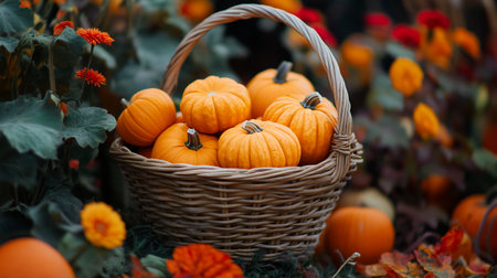 A rustic wicker basket brims with vibrant orange miniature pumpkins, nestled among fall foliage and orange flowers, evoking a sense of autumnal abundance and harvest season charm.の素材