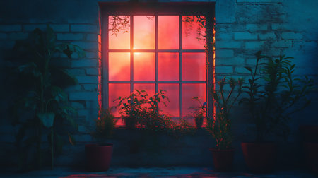A window glows with intense red light, illuminating plants inside and outside. The brick wall and floor are bathed in a cool blue hue, creating a striking contrast.の素材