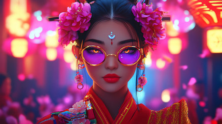 A futuristic geisha with fiery eyes, adorned with pink flowers and round glasses, stands against a vibrant neon-lit backdrop, blending tradition with cyberpunk aesthetics.の素材