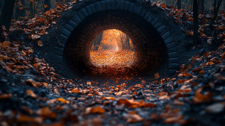 A low-angle shot through a dark brick tunnel, revealing a path covered in autumn leaves, bathed in warm light, creating a sense of depth and mystery in a forest setting.の素材