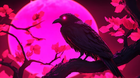 A raven with glowing red eyes sits perched on a branch, silhouetted against a vibrant pink full moon and floral background, creating a surreal and mystical atmosphere.の素材
