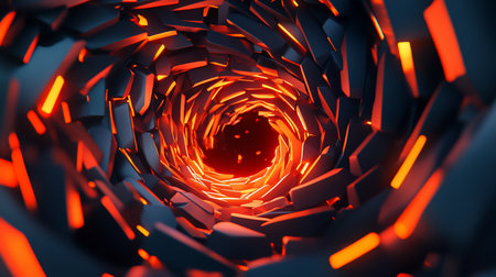 Abstract 3D render of a swirling tunnel. Dark, geometric blocks are illuminated with vibrant orange light, creating a vortex effect. Modern, futuristic, and visually striking.の素材
