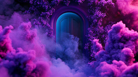 A captivating image featuring a blue arched doorway surrounded by vibrant purple flowers and swirling smoke, creating a surreal, dreamlike atmosphere with a sense of mystery and wonder.の素材
