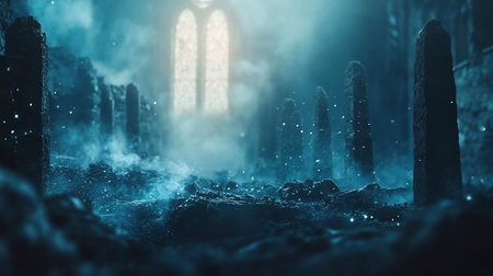 A mystical, blue-toned landscape featuring weathered stone pillars, illuminated by a distant window and ethereal light. The scene evokes a sense of mystery and ancient history.の素材