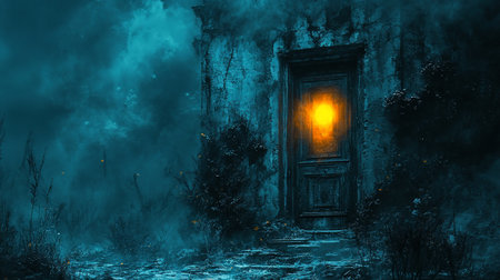 A weathered doorway emits a warm glow in a surreal, misty landscape. The scene evokes mystery, with crumbling architecture and a dreamlike atmosphere.の素材