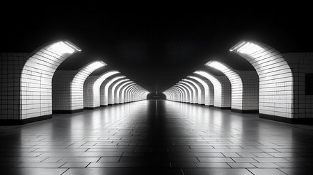 A black and white image of a subway tunnel with arched, tiled walls and bright lights. The floor tiles reflect the light, creating a sense of depth and symmetry.の素材