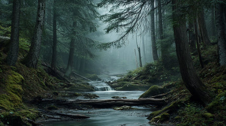 A serene stream flows through a misty forest, cascading over moss-covered rocks and fallen logs. Towering trees create a tranquil, atmospheric scene with soft, diffused light.の素材