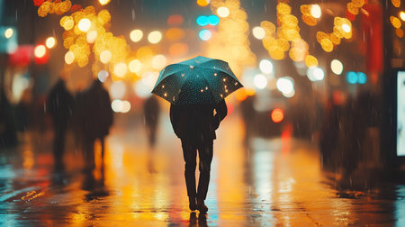 A lone figure walks under an umbrella in the rain, city lights reflecting on the wet pavement, creating a vibrant, atmospheric urban scene at night.の素材