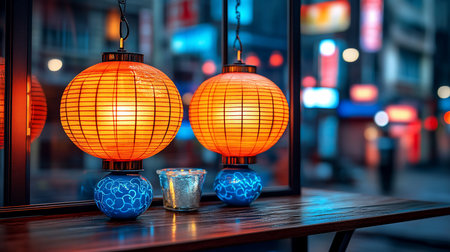 Two orange lanterns atop blue patterned bases illuminate a wooden table against a blurred urban backdrop, evoking a serene yet vibrant atmosphere in a Japanese style.の素材