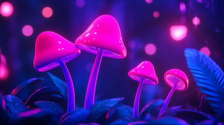 Four vibrant pink mushrooms glow in a dark forest, surrounded by blue leaves and bokeh lights, creating a surreal, magical atmosphere with a fantasy aesthetic.の素材