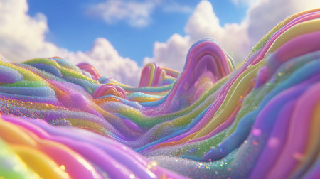 A whimsical landscape of pastel-colored, layered hills shimmers with glitter against a backdrop of a bright blue sky with fluffy clouds. The scene evokes a sense of fantasy and wonder.の素材