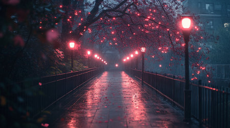 A long walkway lined with red-lit trees and street lamps glows in the rain, creating a serene and reflective urban scene. The wet pavement mirrors the lights.の素材