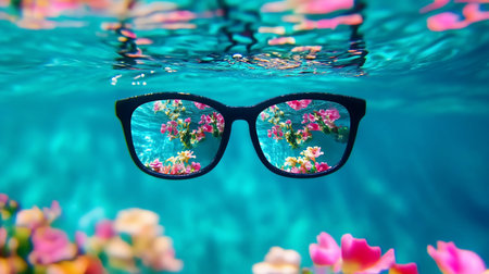Sunglasses float underwater, reflecting vibrant pink and yellow flowers. Turquoise water surrounds the glasses, creating a surreal, dreamlike scene with a unique perspective.の素材