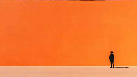 A lone figure in a dark suit and hat stands against a textured orange wall, casting a long shadow. Minimalist composition, strong color contrast, and sense of isolation.の素材