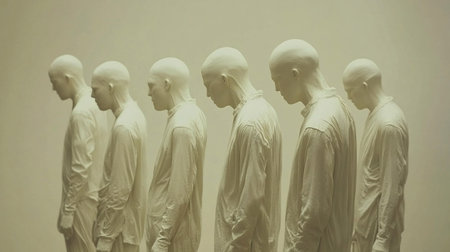 Six bald figures stand in a row, heads bowed, wearing matching shirts. The scene is bathed in pale, muted tones, creating a sense of uniformity and somber reflection.の素材