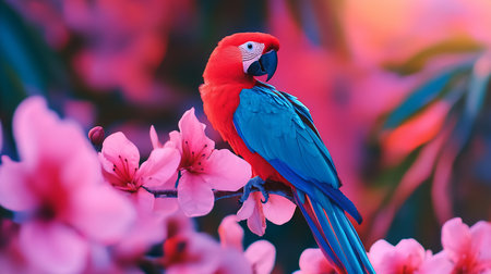 A scarlet macaw, with striking red and blue plumage, perches gracefully on a branch adorned with pink cherry blossoms. The pastel background creates a dreamy, ethereal atmosphere.の素材
