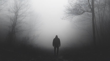 A lone figure walks away into a dense, eerie fog in a dark forest. The monochrome image evokes a sense of mystery, isolation, and the unknown.の素材