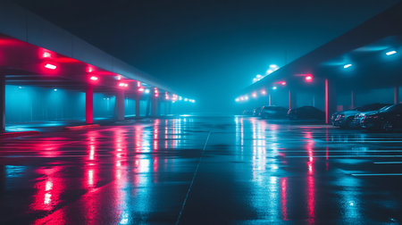 A futuristic parking garage at night, illuminated by neon red and blue lights reflecting on the wet asphalt, creating a cyberpunk aesthetic with parked cars in the background.の素材