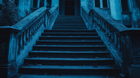 A haunting, low-angle shot of a grand staircase leading to an abandoned mansion, bathed in eerie blue light, evoking a sense of mystery and decay.の素材