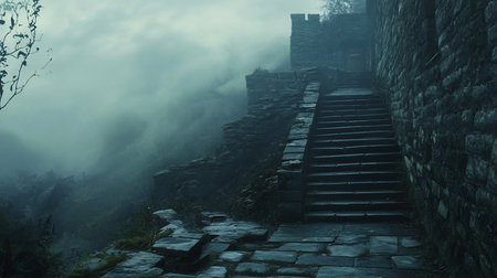 A stone staircase ascends to a fortress shrouded in mist. The scene evokes a sense of mystery and history, with cool tones and atmospheric perspective.の素材