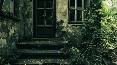 An eerie, overgrown entrance of an abandoned building. Weathered door, broken window, and decaying facade are covered in vines and moss, creating a haunting, forgotten scene.の素材