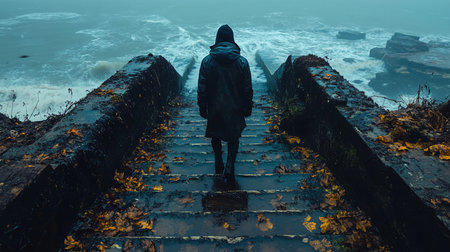 A lone figure in a dark coat descends old, leaf-strewn steps towards a turbulent sea under a misty sky, evoking a sense of isolation and contemplation in a dramatic landscape.の素材