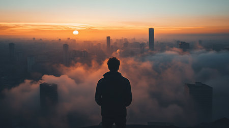 A lone figure stands silhouetted against a vibrant sunrise over a city shrouded in mist. The scene evokes contemplation, with the warm light contrasting the cool fog.の素材