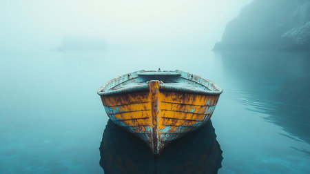 A weathered yellow rowboat rests on a calm, misty lake. The boat's reflection is mirrored in the still water, creating a serene and peaceful scene.の素材